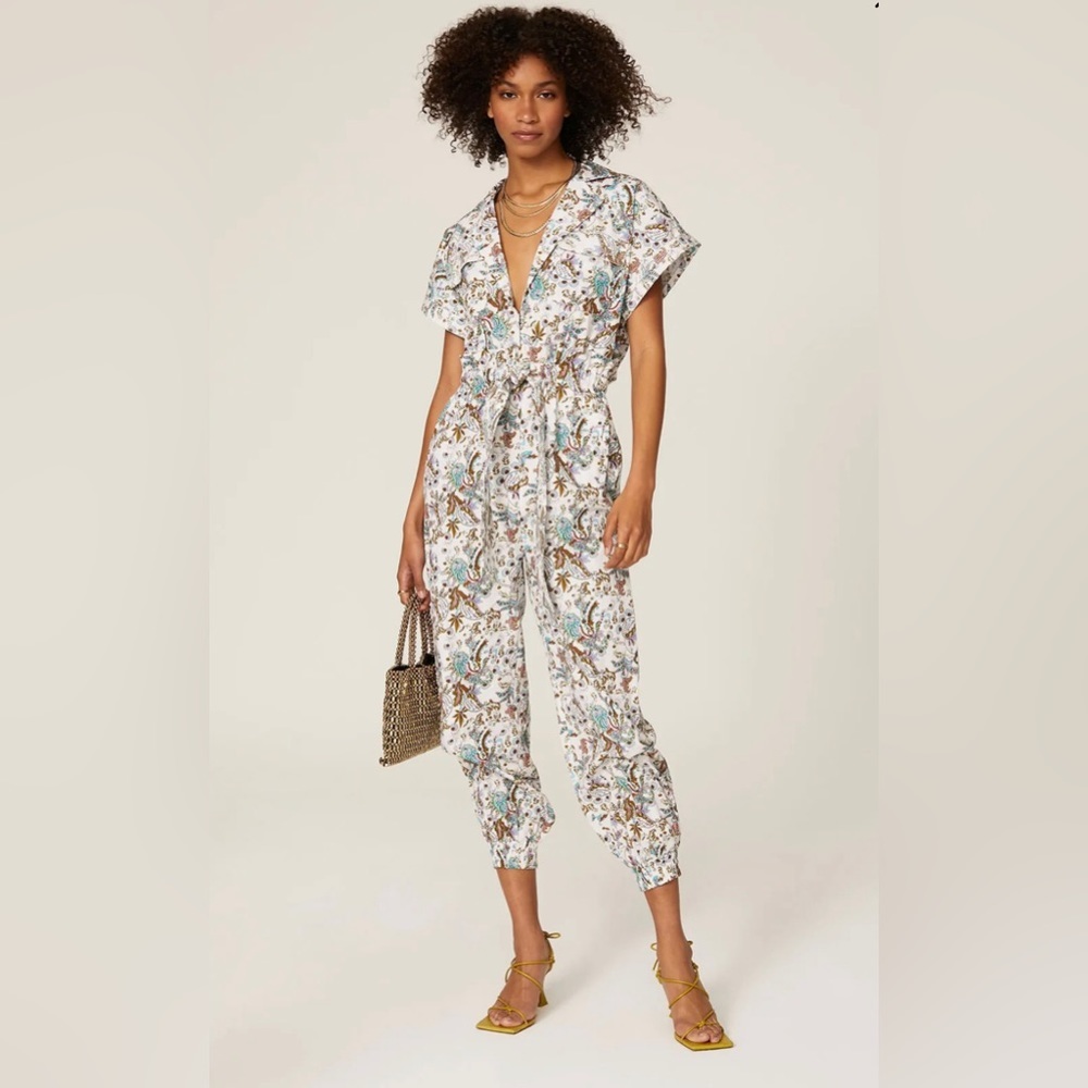 ROCOCO SAND floral multicolor printed short sleeve jumpsuit white belted large